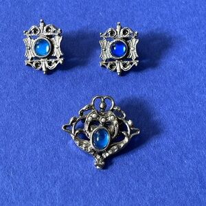Vintage Blue Glass Brooch with Matching Pierced Earrings